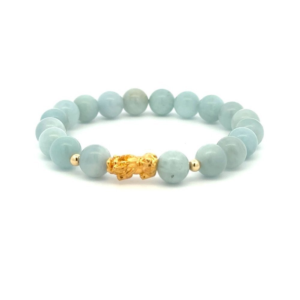 18K Gold Dragon Pixiu Piyao Lucky Charm Beads Bracelet Gemstones Aquamarine 8mm